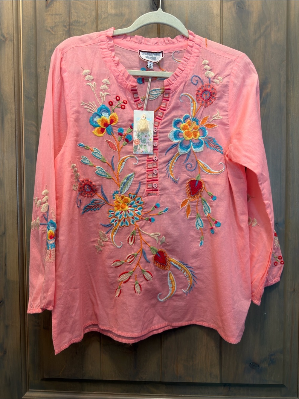 Johnny Was Workshop NEW Joele Long Sleeve Pink Blouse w/Embroidery. Size S